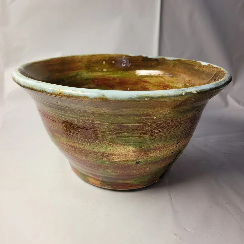 Studio‎ Pottery Bowl Signed PT Green Brown Earth Tone Glazed Ceramic Artisan
